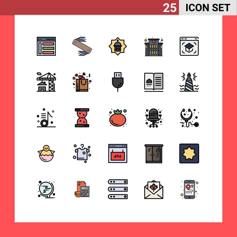 Filled line Flat Color Pack of 25 Universal Symbols of hospital building swiss star masjid Editable Vector Design Elements
