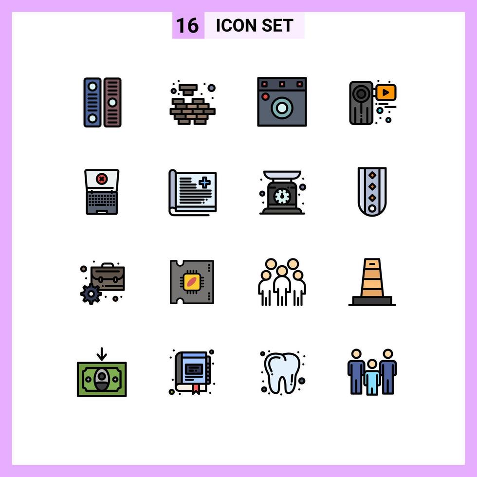 16 Universal Flat Color Filled Lines Set for Web and Mobile Applications computing film furniture recorder movie Editable Creative Vector Design Elements
