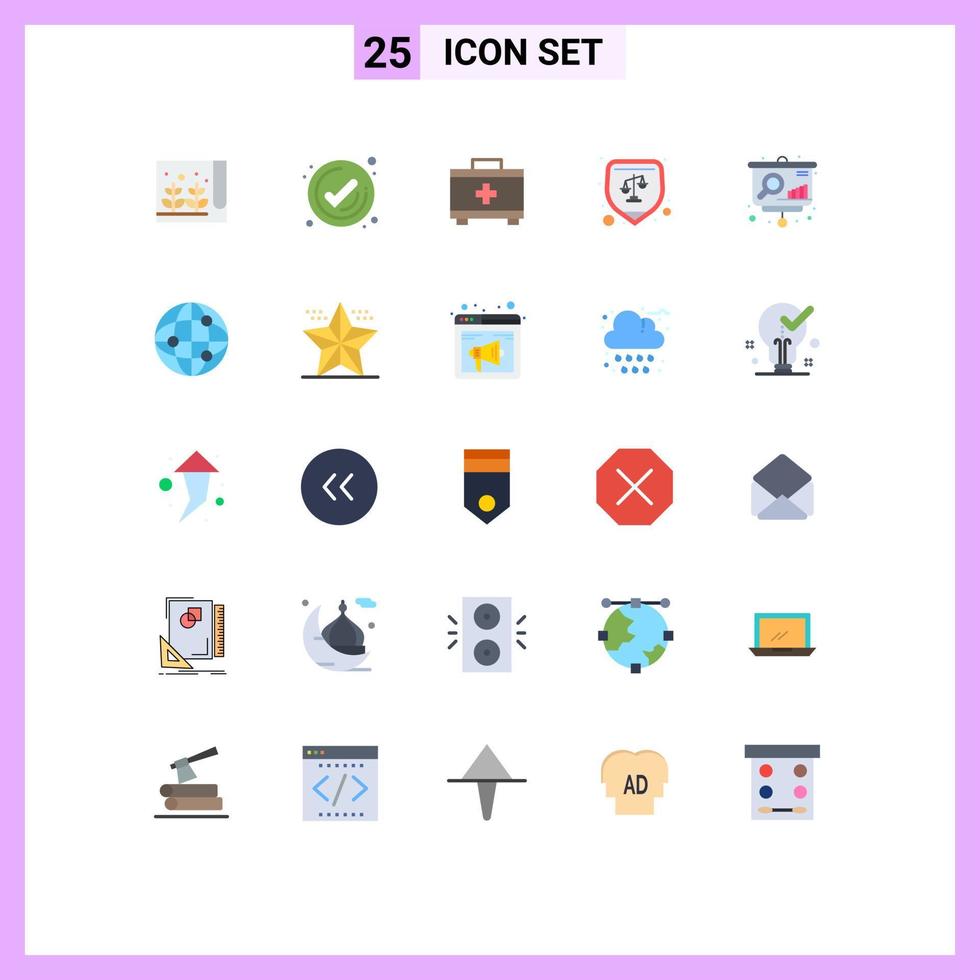 25 User Interface Flat Color Pack of modern Signs and Symbols of presentation analytics bag lawyer justice Editable Vector Design Elements