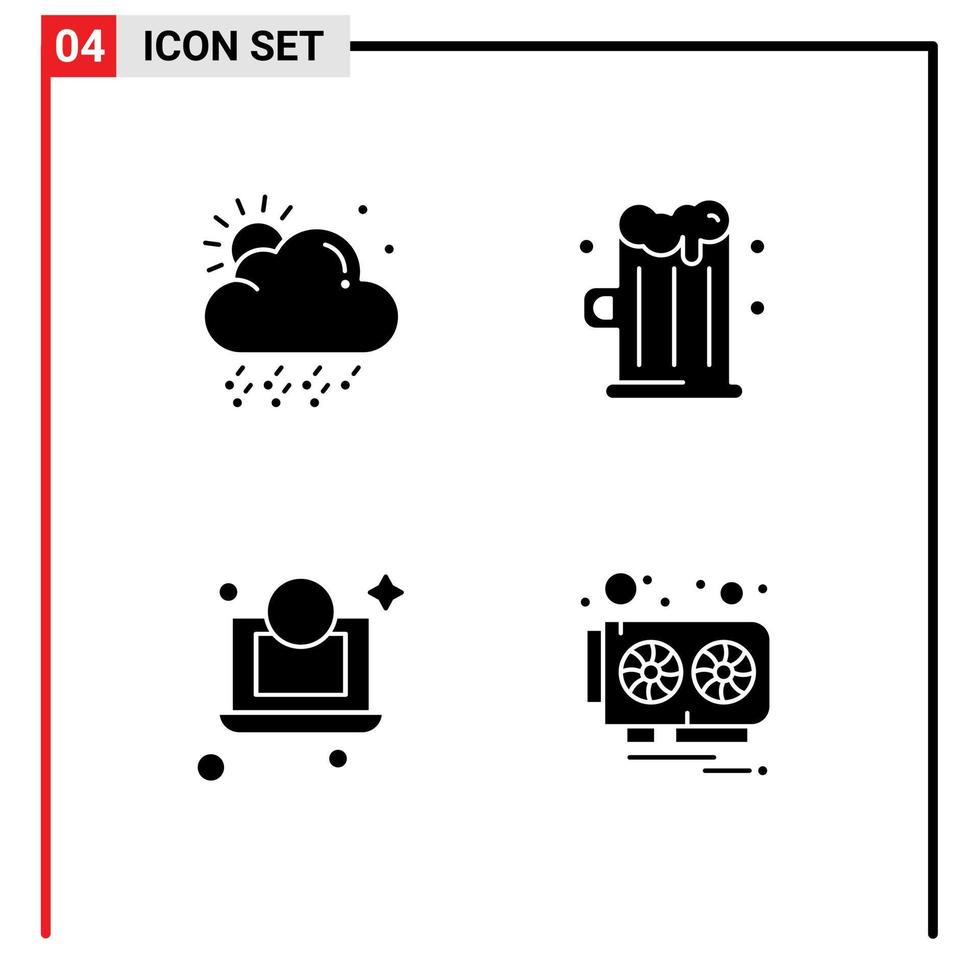4 concepto de glifo sólido para sitios web móviles y aplicaciones tarjeta de nube cerveza portátil video elementos de diseño vectorial editables vector