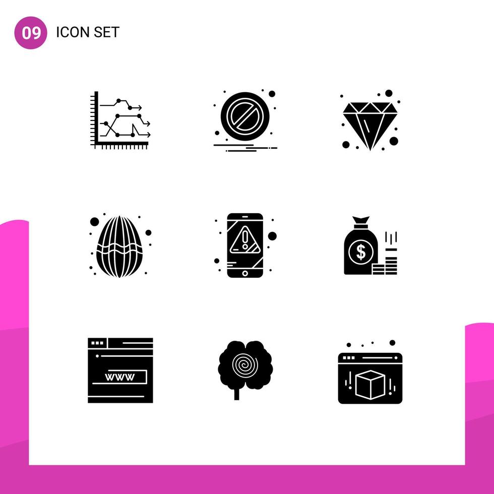 Pack of 9 Modern Solid Glyphs Signs and Symbols for Web Print Media such as alert holiday warning egg jewel Editable Vector Design Elements