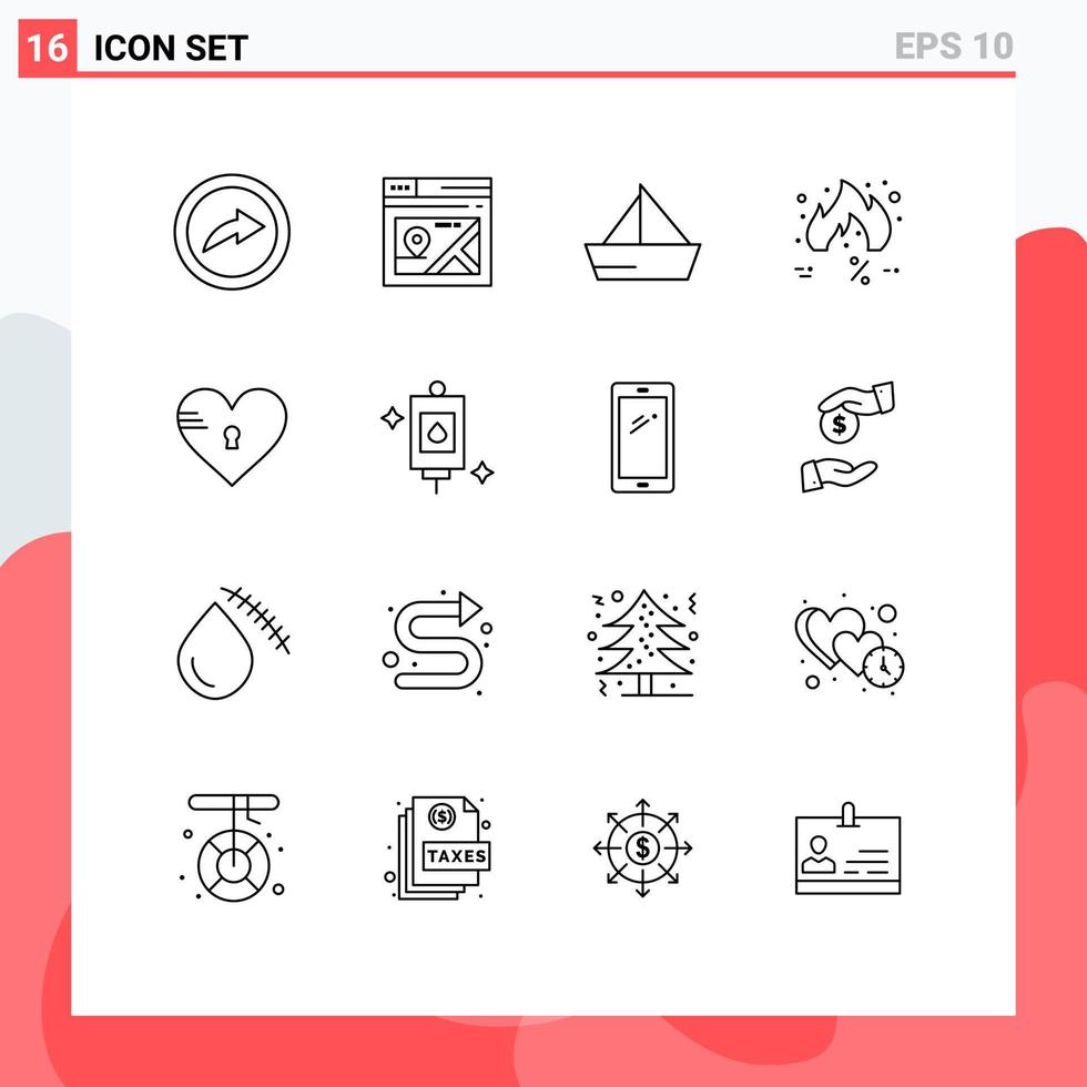 Set of 16 Modern UI Icons Symbols Signs for lock sale sail hot friday Editable Vector Design Elements