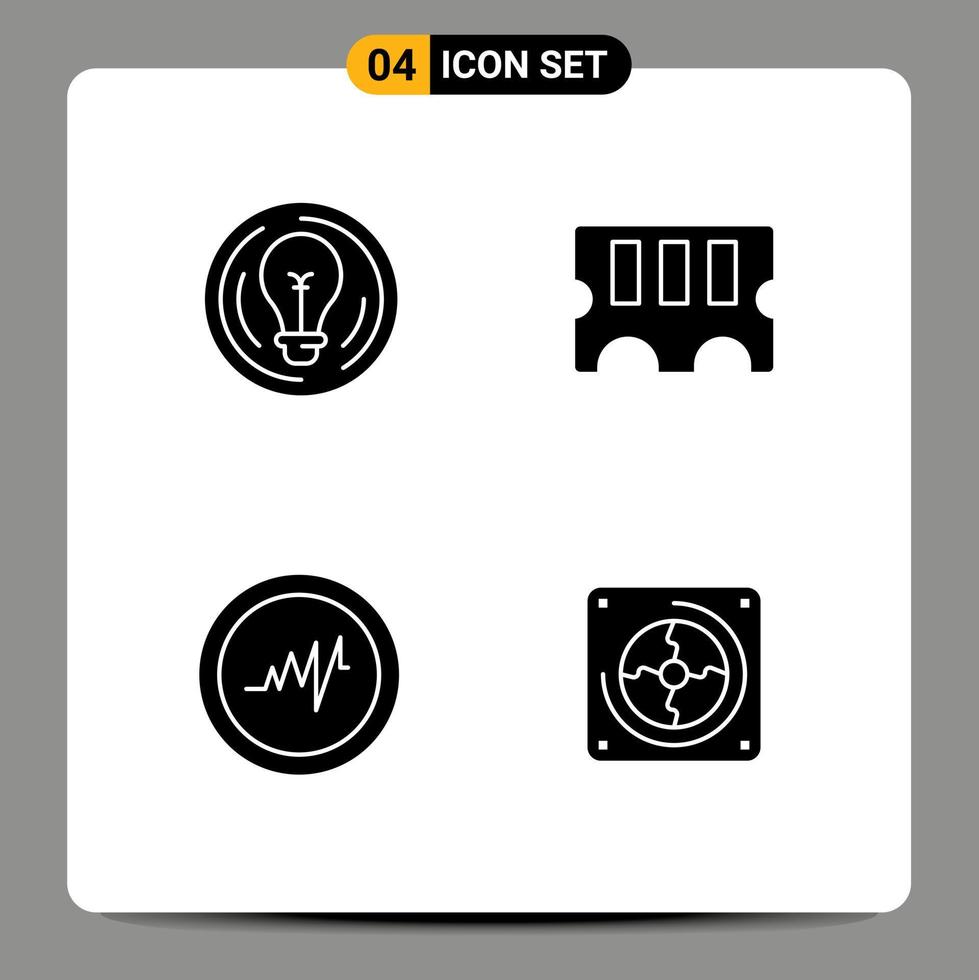 4 Universal Solid Glyphs Set for Web and Mobile Applications bulb pulse creative memory hardware Editable Vector Design Elements