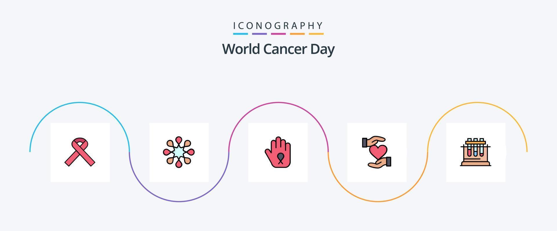 World Cancer Day Line Filled Flat 5 Icon Pack Including world. ribbon. health. hand. day vector