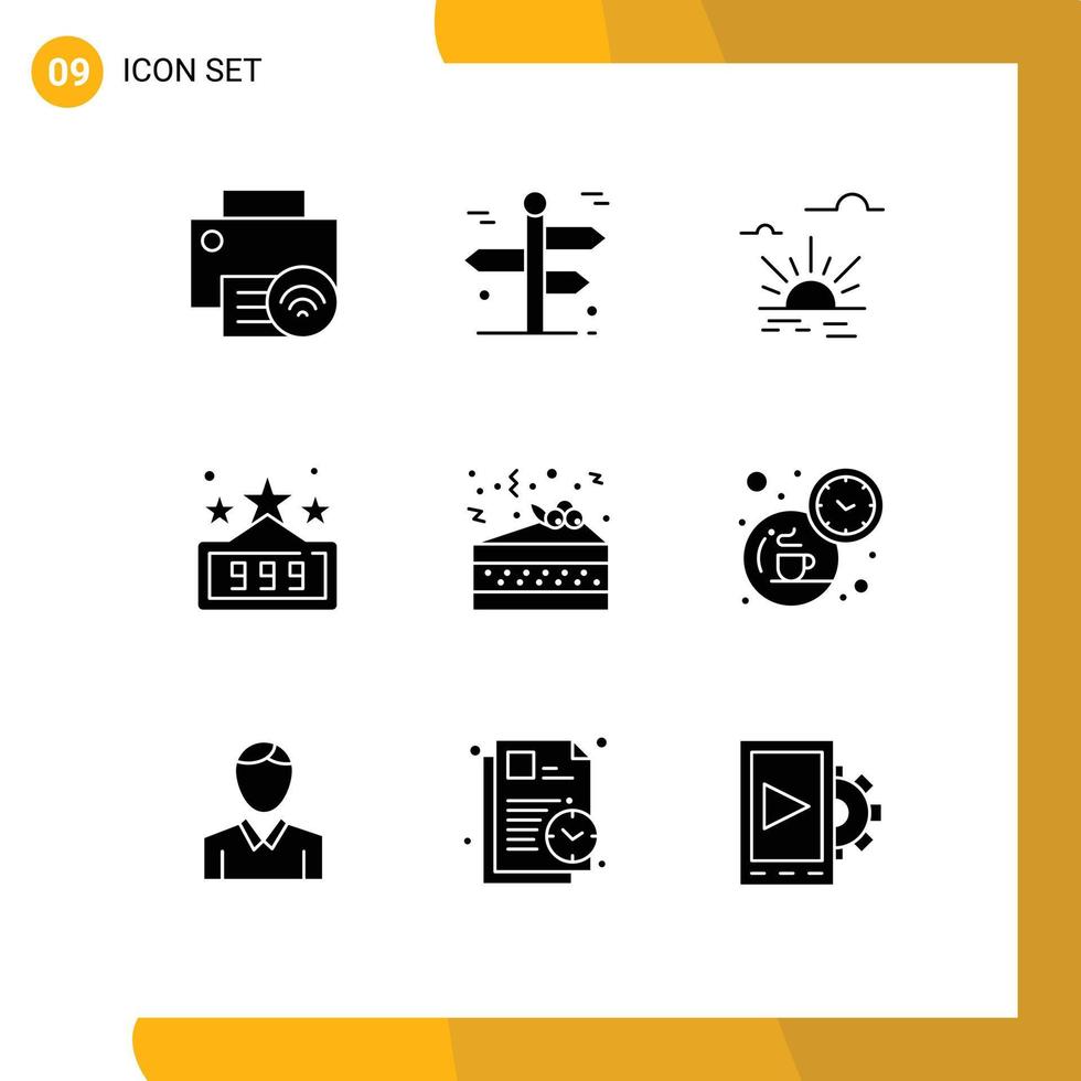 Set of 9 Commercial Solid Glyphs pack for night fun travelling high score light Editable Vector Design Elements