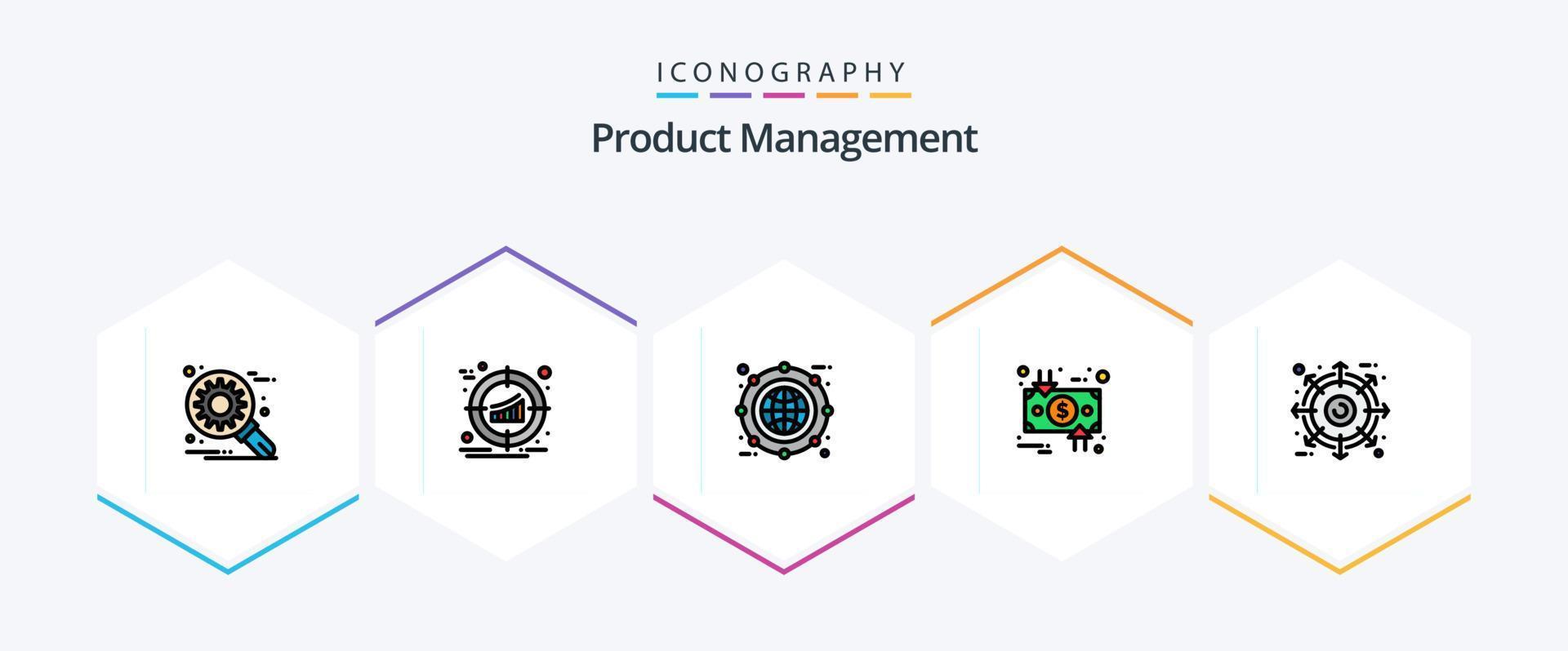 paquete de iconos de 25 líneas completas de gestión de productos, incluido el dólar. circulación. estrategia. cargar. expandir vector