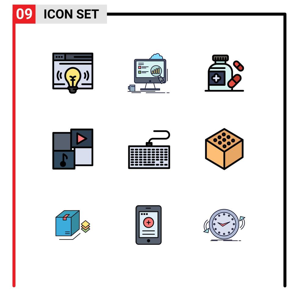 9 concepto de color plano de línea completa para sitios web móviles y aplicaciones teclado música estadísticas reproductor medios elementos de diseño vectorial editables vector