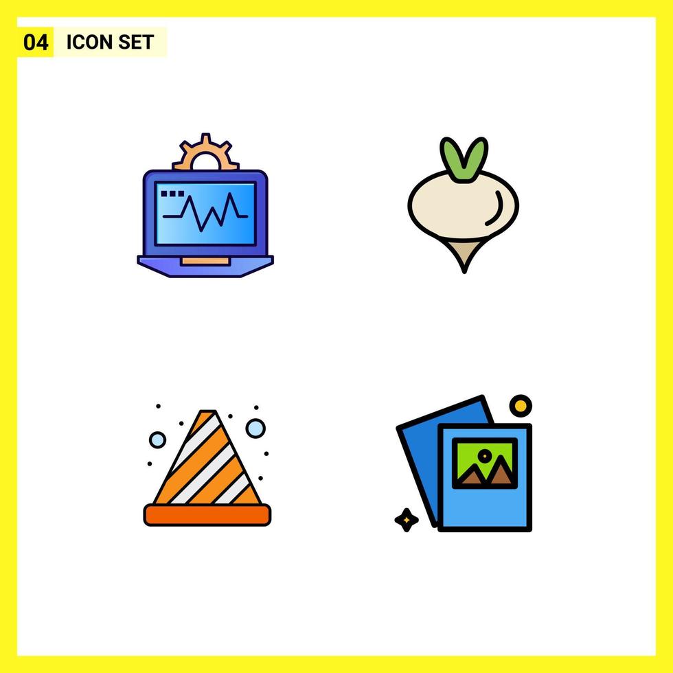 Universal Icon Symbols Group of 4 Modern Filledline Flat Colors of laptop danger computing vegetable traffic cone Editable Vector Design Elements
