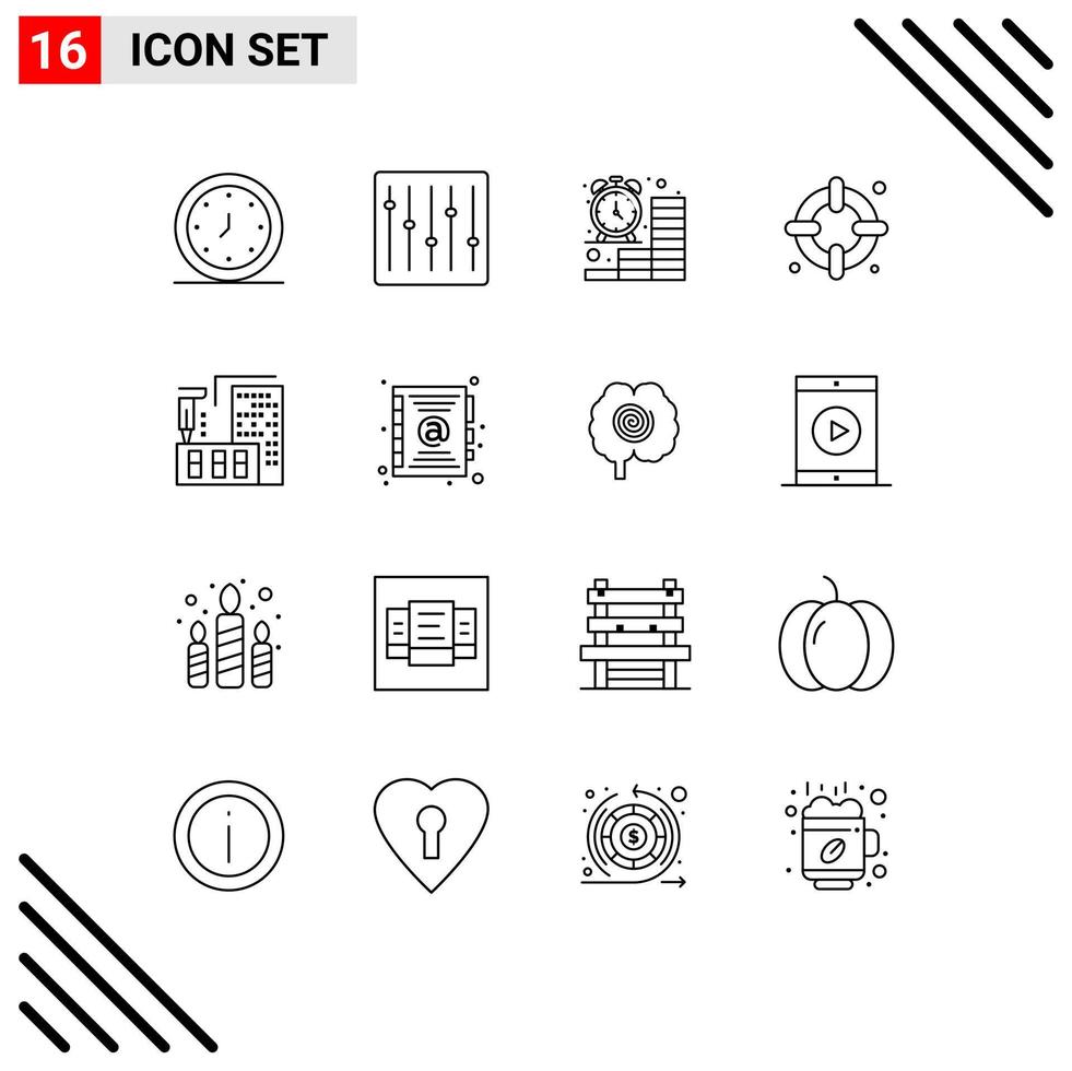 User Interface Pack of 16 Basic Outlines of architecture life music insurance finance Editable Vector Design Elements