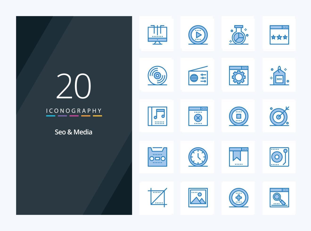 20 icono de color azul de medios seo para presentación vector