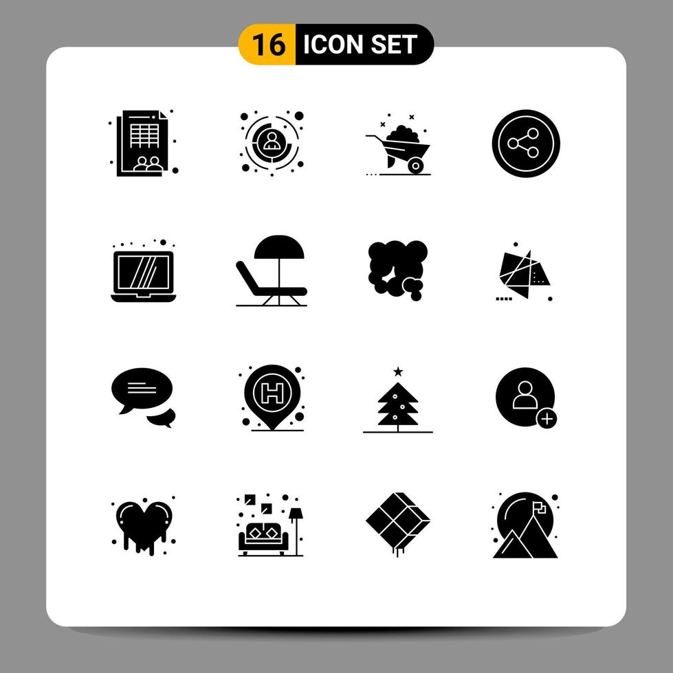 Group of 16 Modern Solid Glyphs Set for beach laptop barrow computer share Editable Vector Design Elements