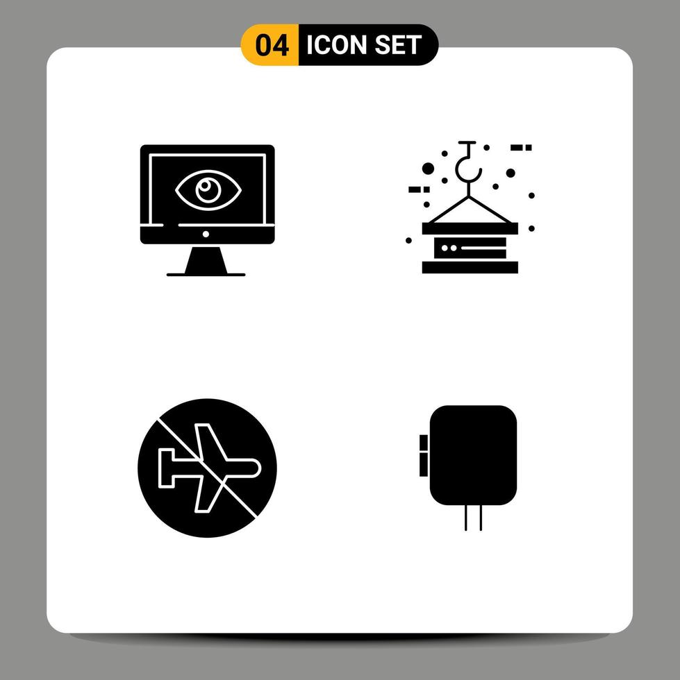 interfaz móvil conjunto de glifos sólidos de 4 pictogramas de monitor cuerda vigilancia grúa aeropuerto elementos de diseño vectorial editables vector