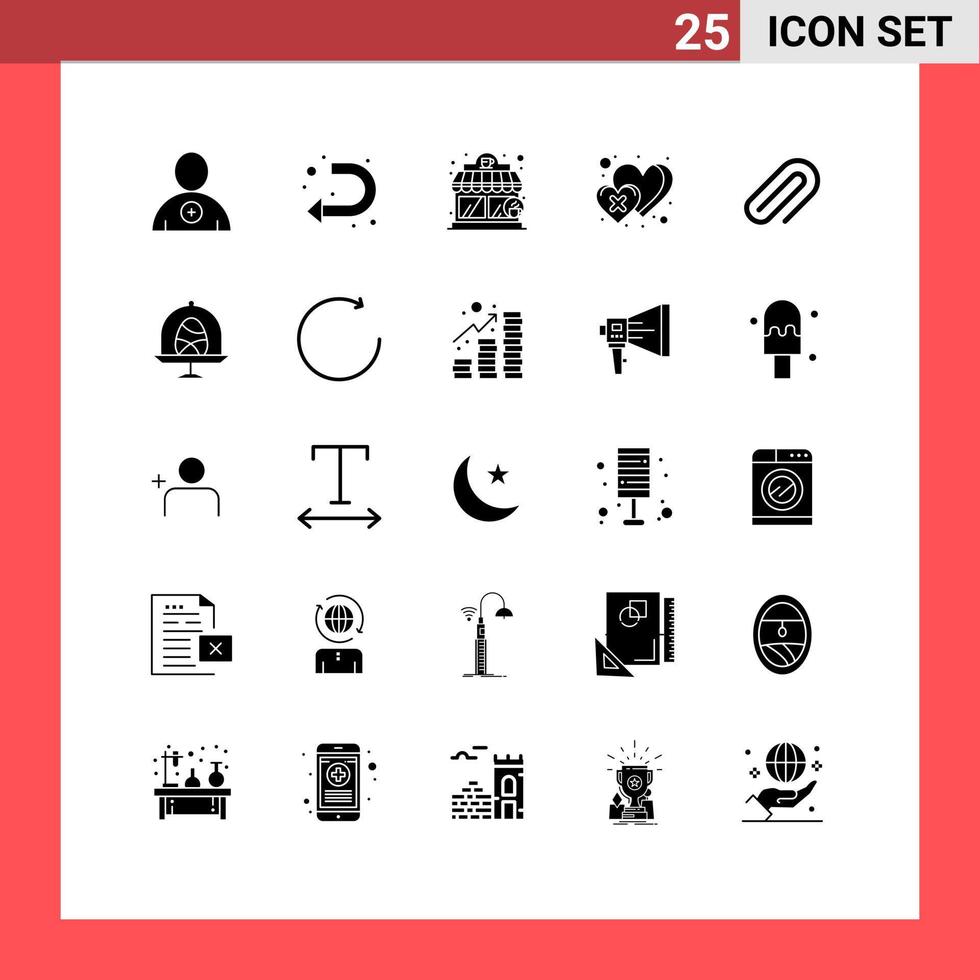 25 Universal Solid Glyphs Set for Web and Mobile Applications pin metal coffee shop clip love Editable Vector Design Elements
