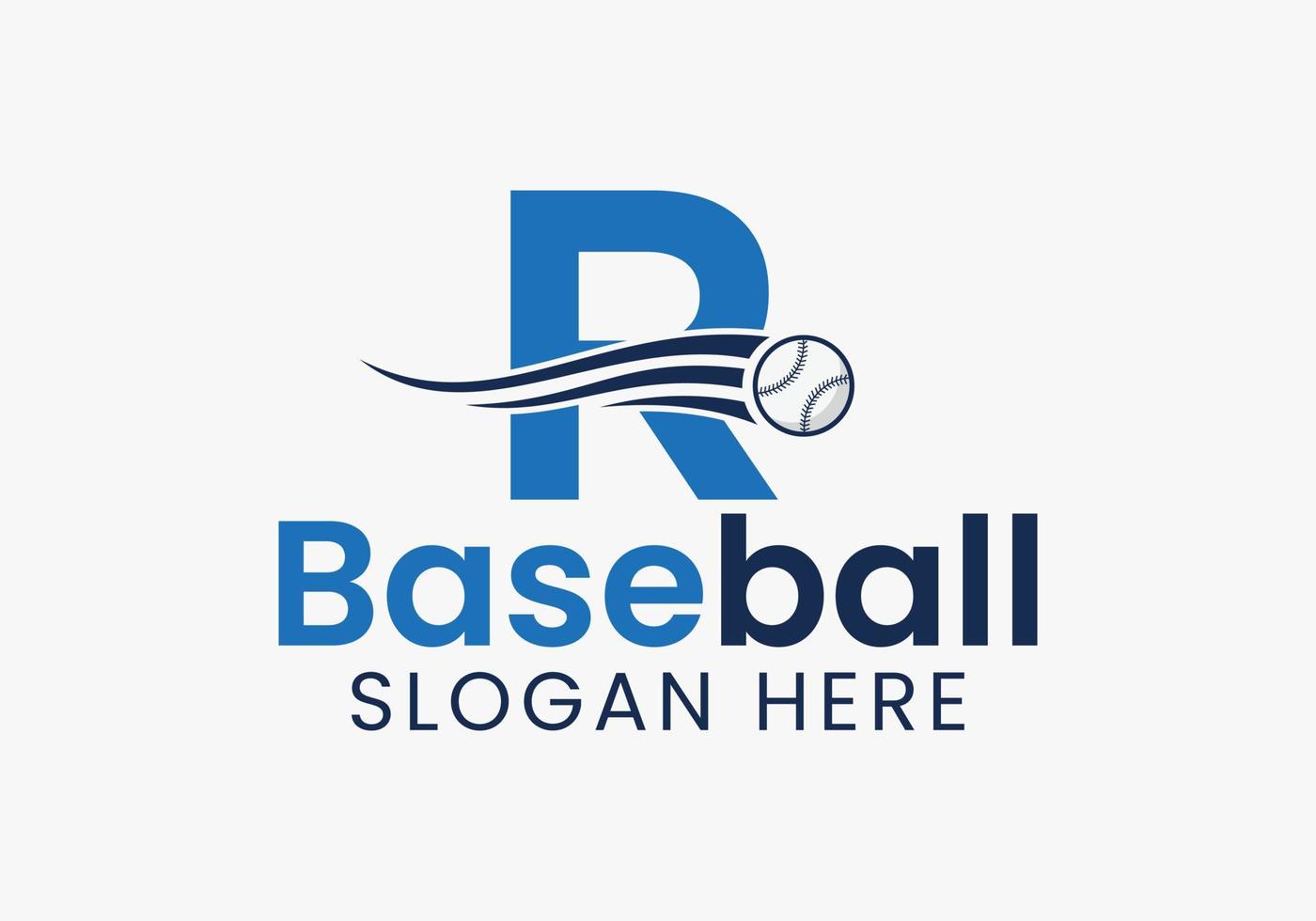 concepto de logotipo de béisbol letra r con plantilla de icono de béisbol en movimiento vector