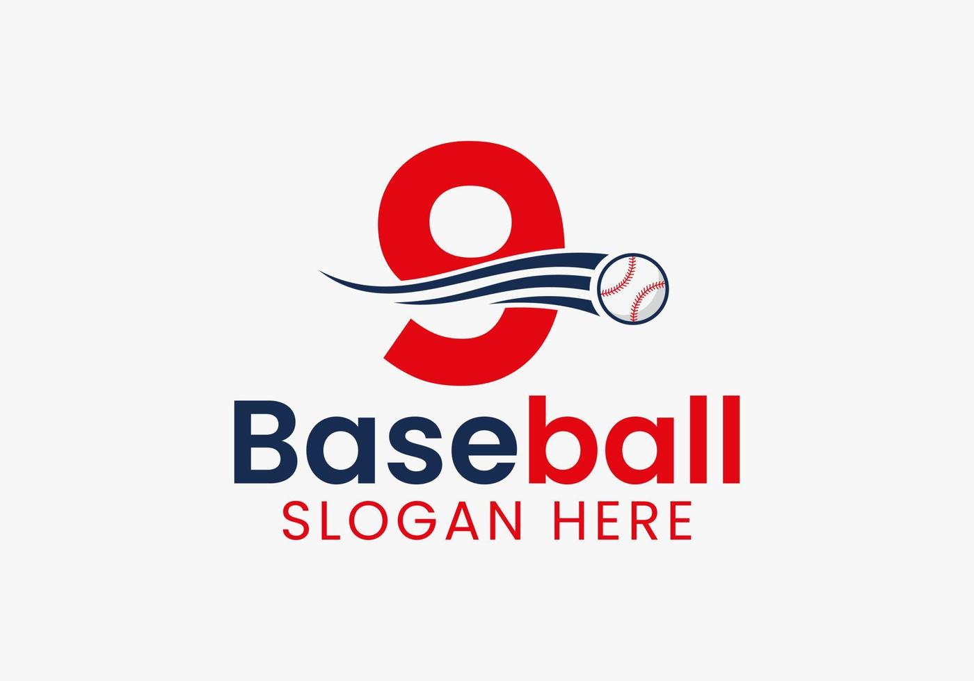 concepto de logotipo de béisbol letra 9 con plantilla de icono de béisbol en movimiento vector