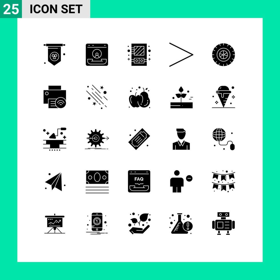 Set of 25 Commercial Solid Glyphs pack for devices wheel mirror tire right Editable Vector Design Elements