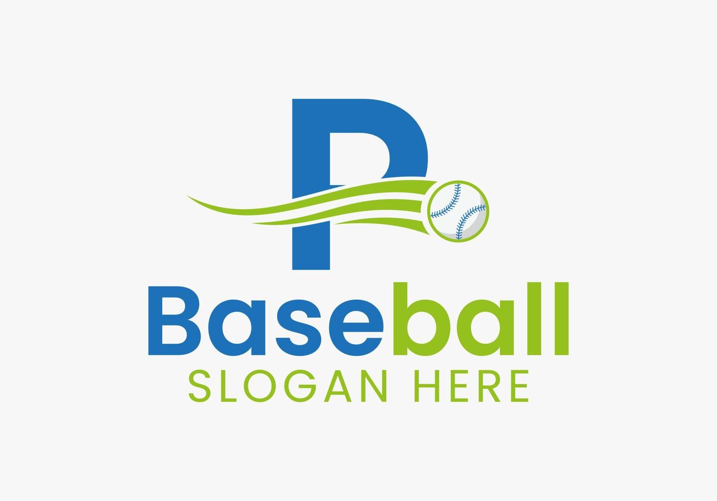 concepto de logotipo de béisbol letra p con plantilla de icono de béisbol en movimiento vector