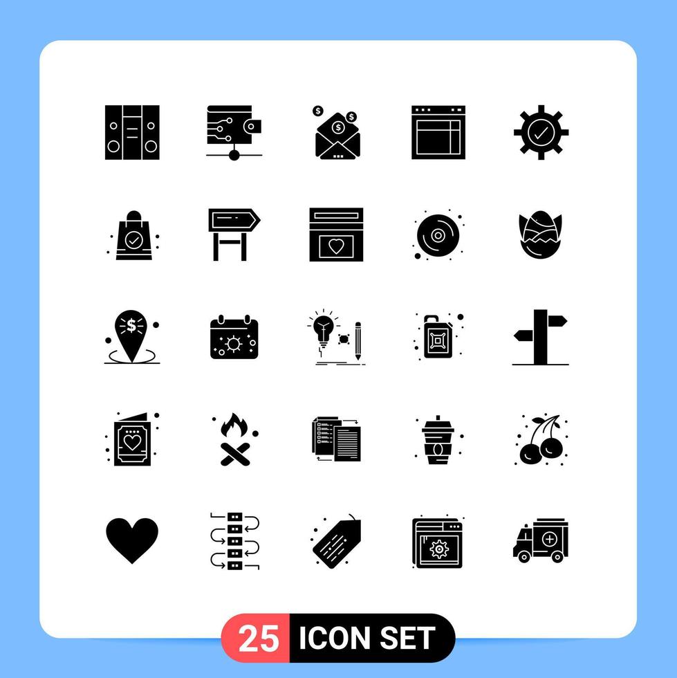 Set of 25 Vector Solid Glyphs on Grid for tick gear money website site Editable Vector Design Elements