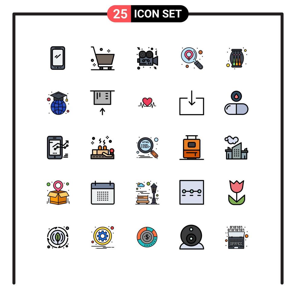 25 Thematic Vector Filled line Flat Colors and Editable Symbols of drum location shopping find film Editable Vector Design Elements