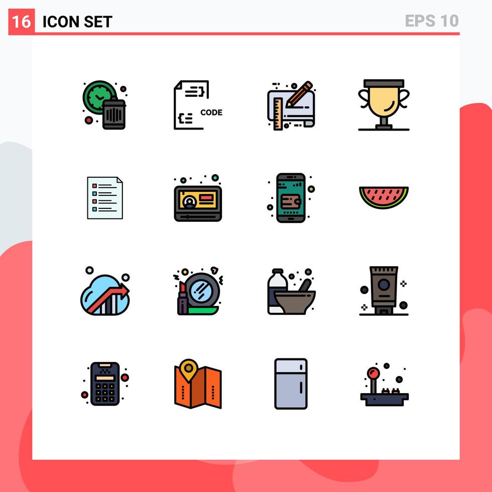Modern Set of 16 Flat Color Filled Lines and symbols such as trophy award document achievements pencil Editable Creative Vector Design Elements