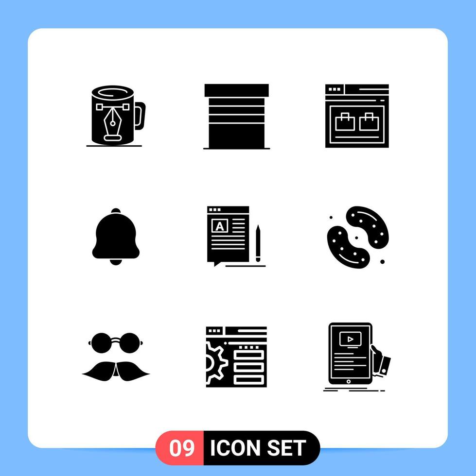 Set of 9 Commercial Solid Glyphs pack for sound bell house alert website Editable Vector Design Elements