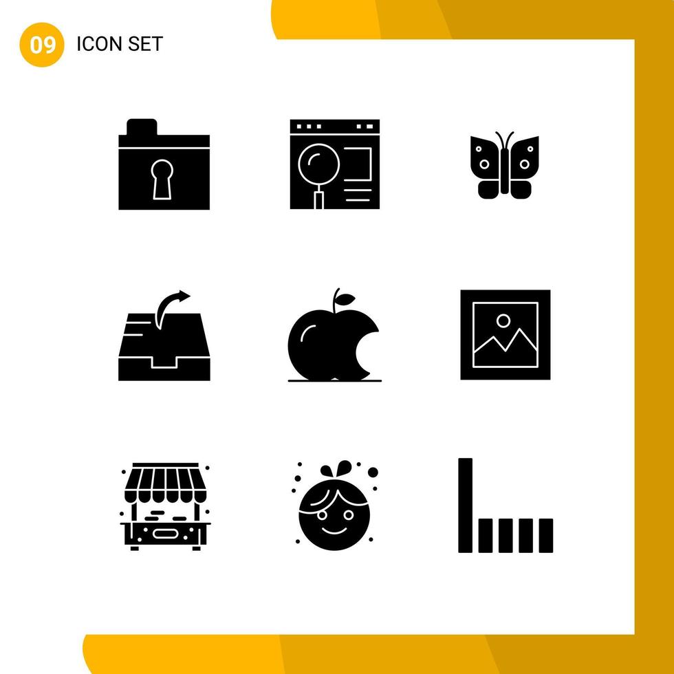 Group of 9 Modern Solid Glyphs Set for intellect apple butterfly send mail Editable Vector Design Elements