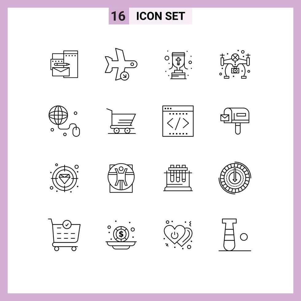 16 User Interface Outline Pack of modern Signs and Symbols of internet camera transportation hobby christian cross Editable Vector Design Elements