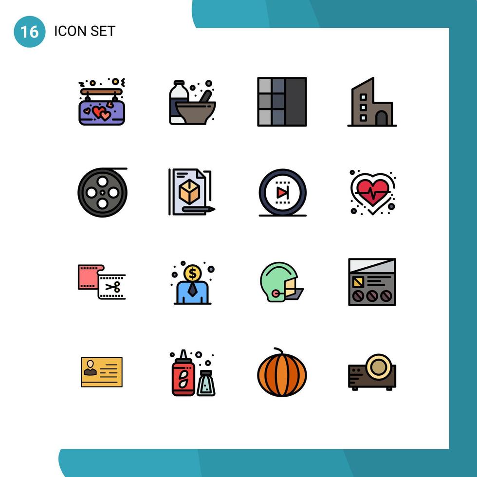 16 User Interface Flat Color Filled Line Pack of modern Signs and Symbols of film property protein modern building Editable Creative Vector Design Elements