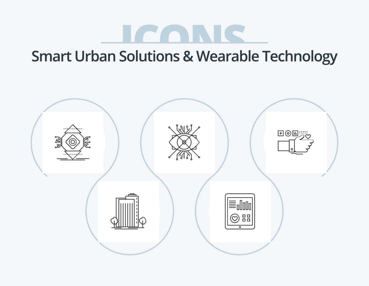 soluciones urbanas inteligentes y diseño de iconos del paquete de iconos de línea de tecnología portátil 5. mirar. reloj inteligente. alerta. informe del paciente. corazón vector