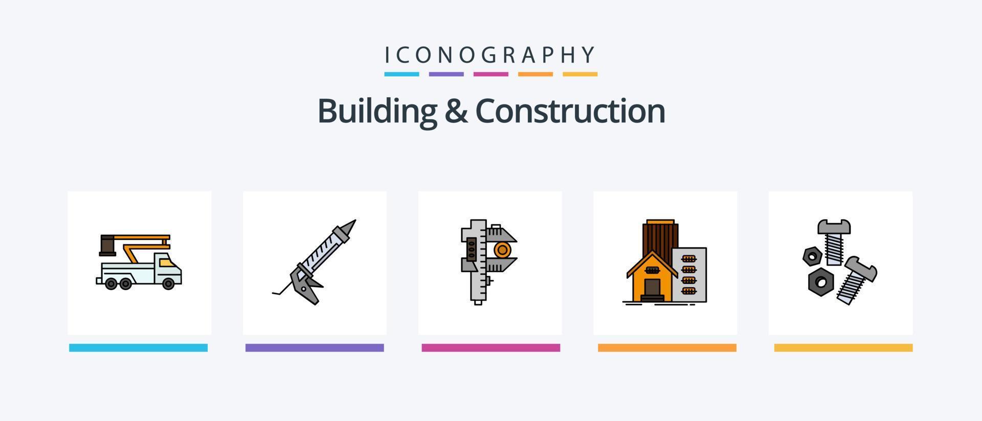 la línea de construcción y construcción llenó un paquete de 5 íconos que incluye cinta. medida. prensado herramientas. tuerca. diseño de iconos creativos vector