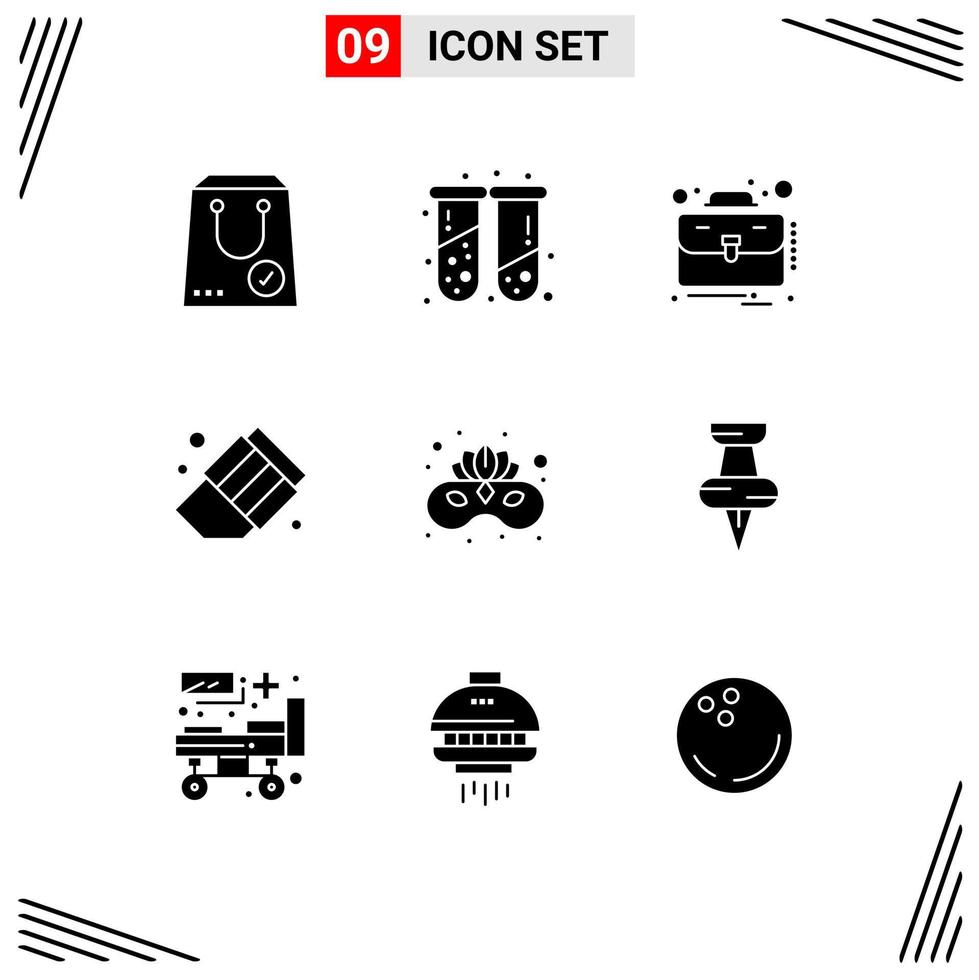 9 Universal Solid Glyphs Set for Web and Mobile Applications costume erase test tubes education suitcase Editable Vector Design Elements