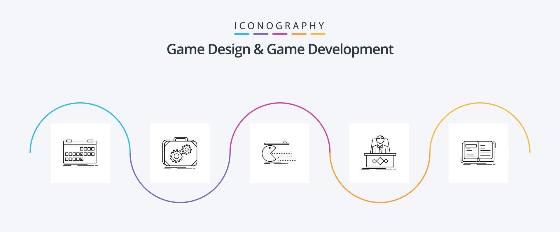 paquete de íconos de línea 5 de diseño y desarrollo de juegos que incluye leyenda. juego. Progreso. pac-man juego vector