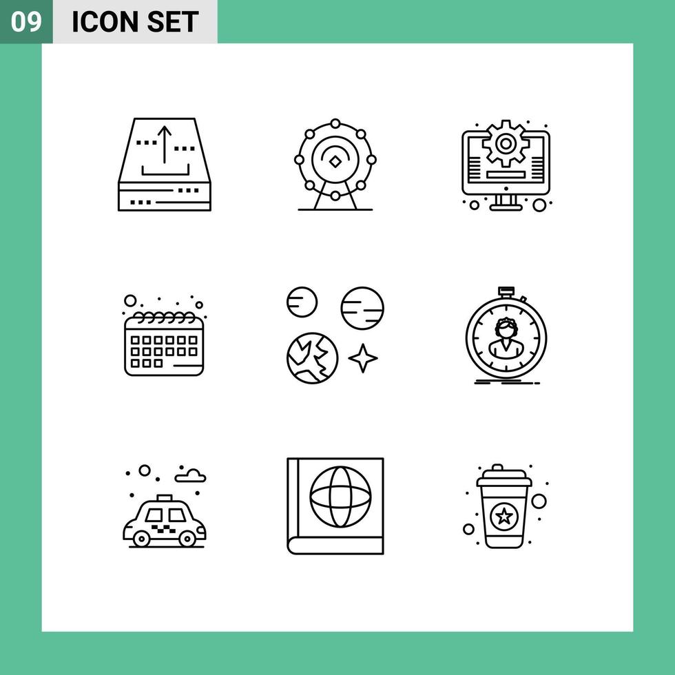 Modern Set of 9 Outlines Pictograph of science planet hotel schedule appointment Editable Vector Design Elements