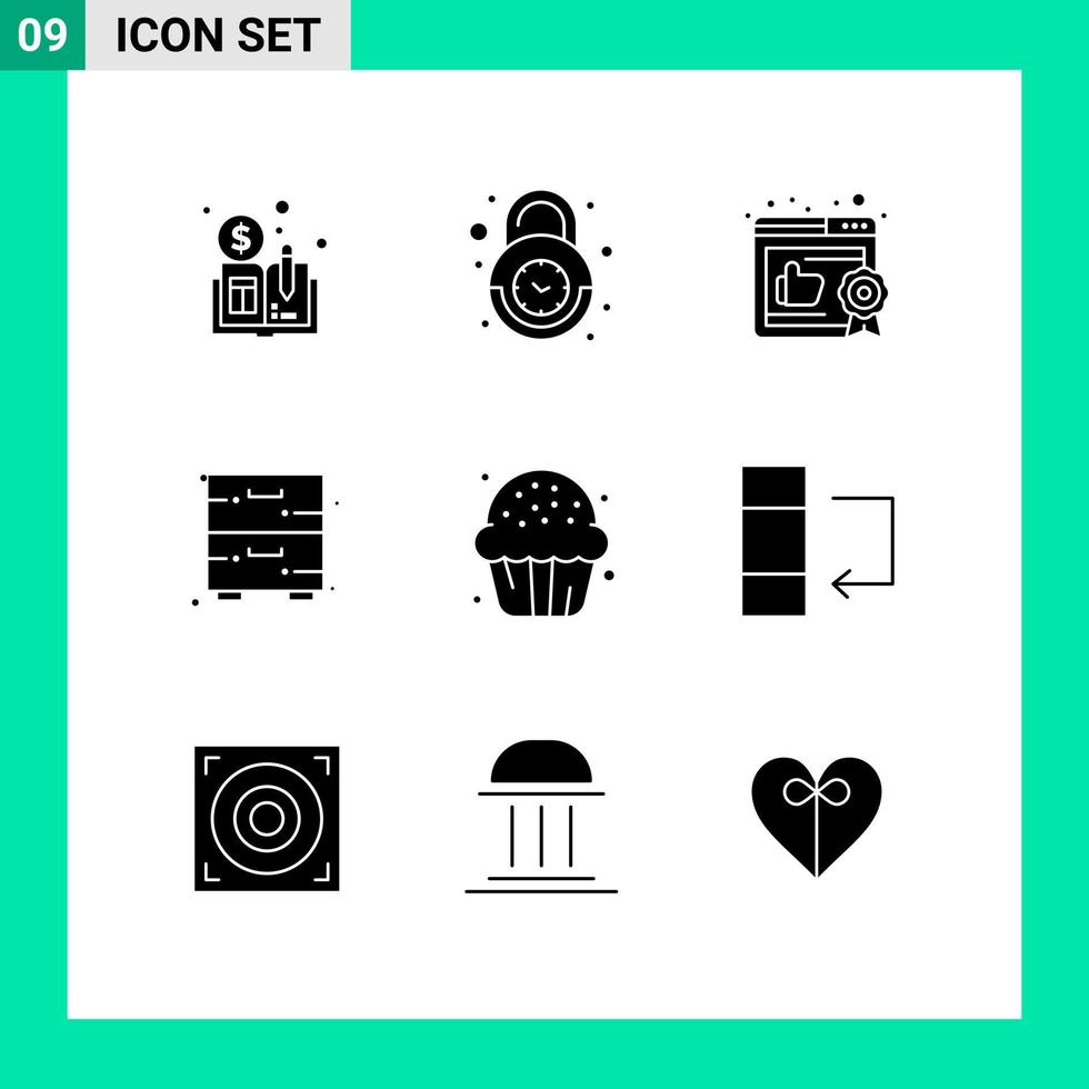 Universal Icon Symbols Group of 9 Modern Solid Glyphs of dessert candy business furniture cupboard Editable Vector Design Elements