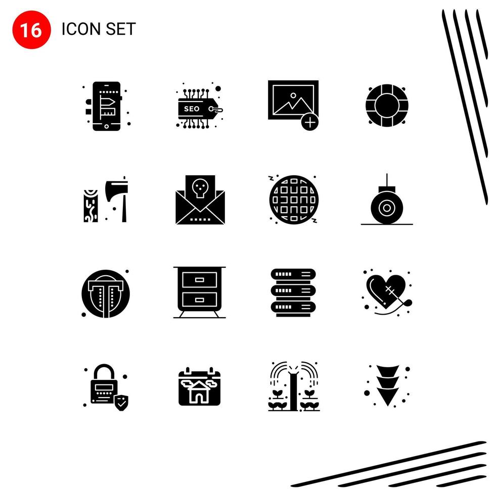 Group of 16 Solid Glyphs Signs and Symbols for address tool photo cutting axe Editable Vector Design Elements