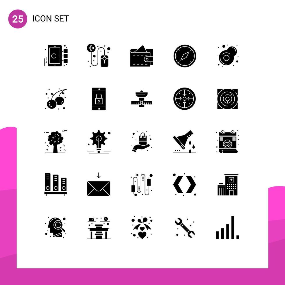 Set of 25 Commercial Solid Glyphs pack for fry breakfast money navigation gps Editable Vector Design Elements