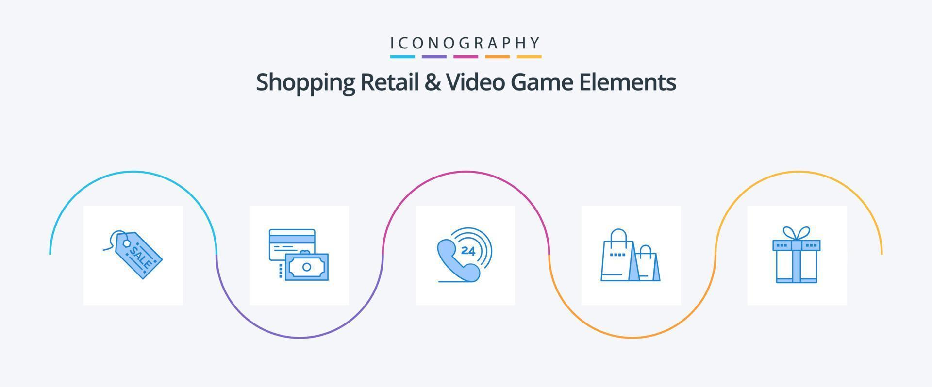compras minoristas y elementos de videojuegos paquete de iconos azul 5 que incluye compras. regalo. telefono tienda. bolso vector