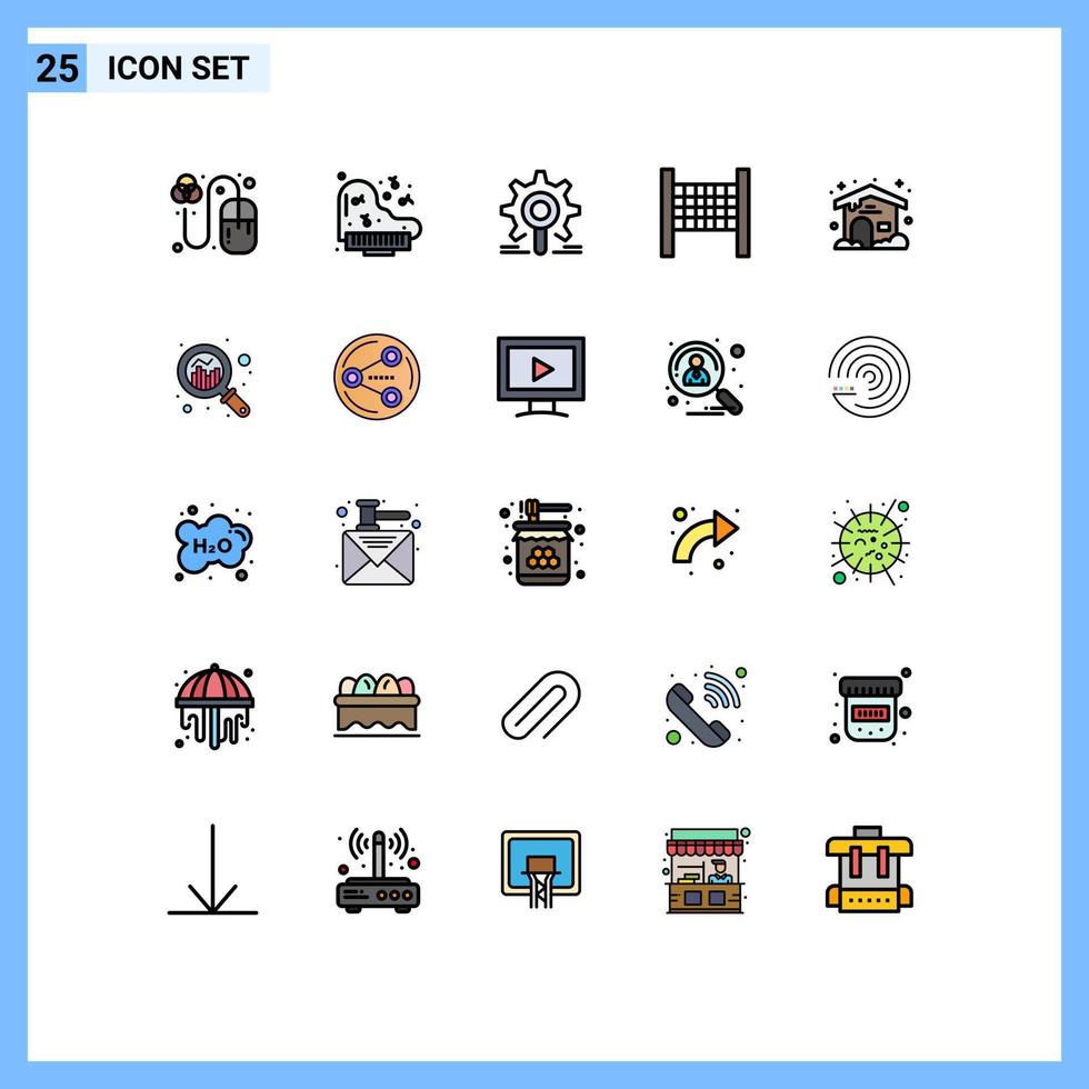 25 Universal Filled line Flat Colors Set for Web and Mobile Applications analysis weather gear home net Editable Vector Design Elements