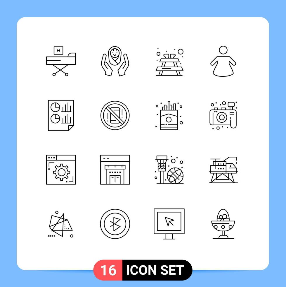 User Interface Pack of 16 Basic Outlines of document analytics child care logo woman furniture Editable Vector Design Elements