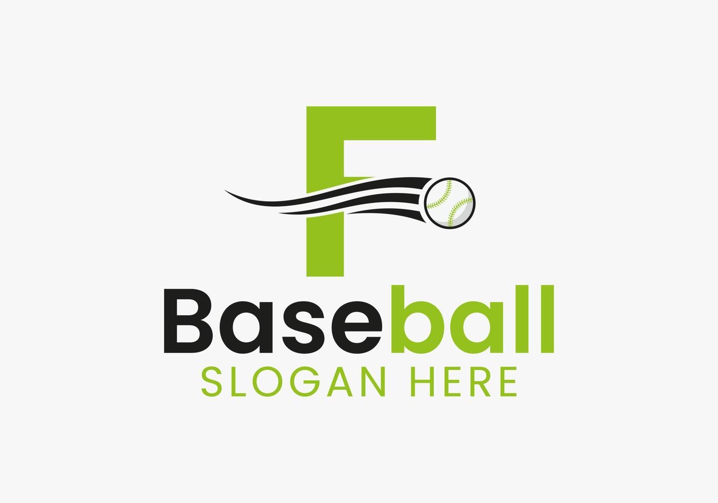concepto de logotipo de béisbol letra f con plantilla de icono de béisbol en movimiento vector