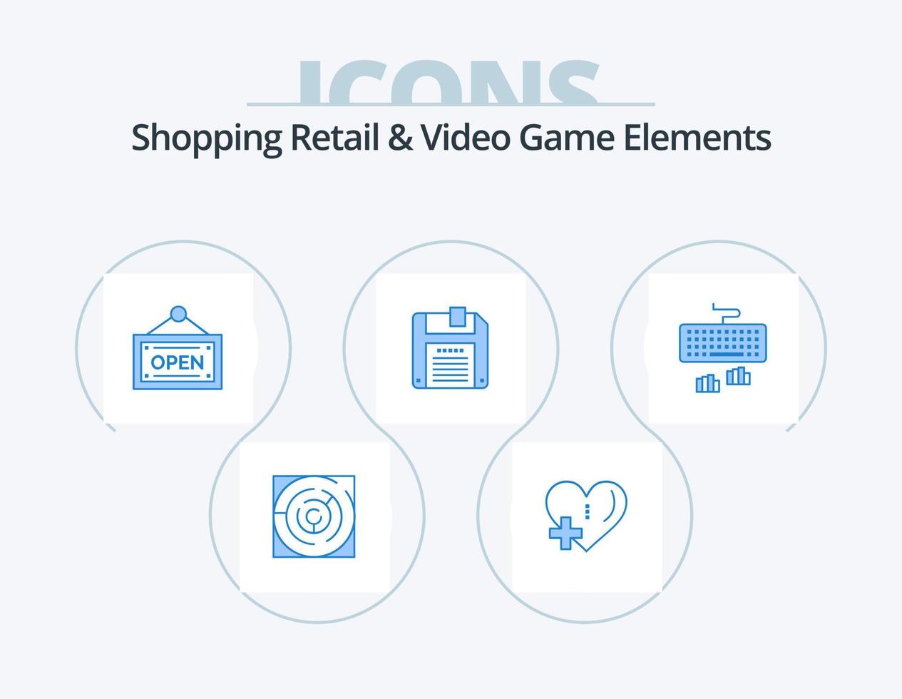 Shoping Retail And Video Game Elements Blue Icon Pack 5 Icon Design. type. keyboard. plus. save. floppy vector