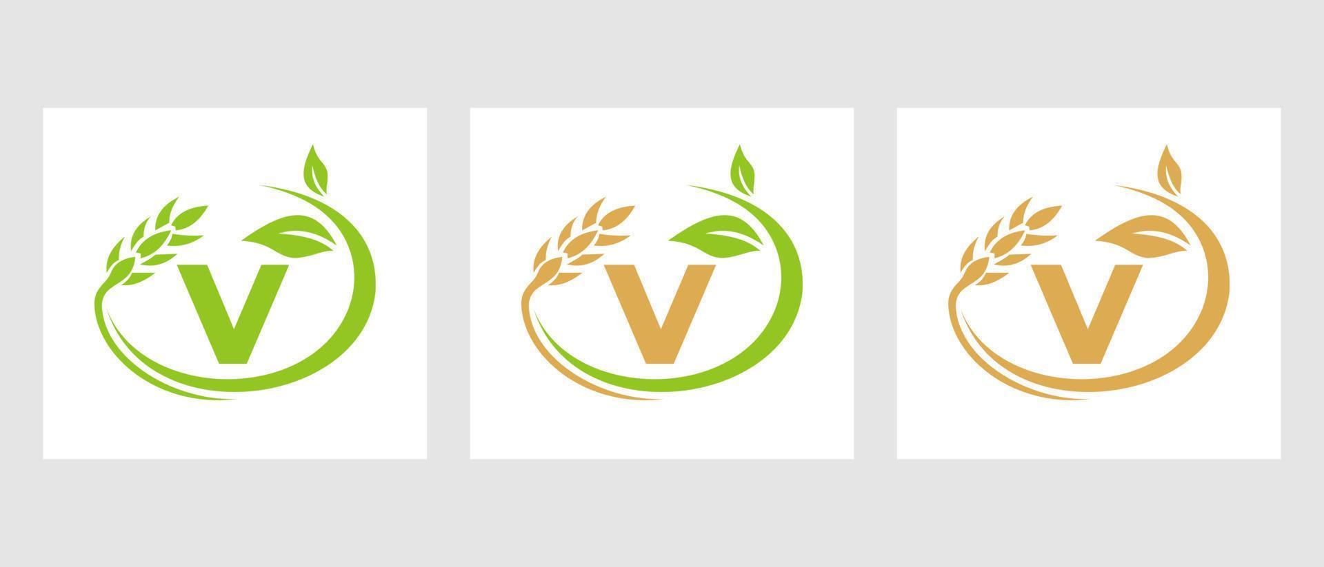 logo de la letra v agricultura. agronegocios, plantilla de diseño de granjas ecológicas vector