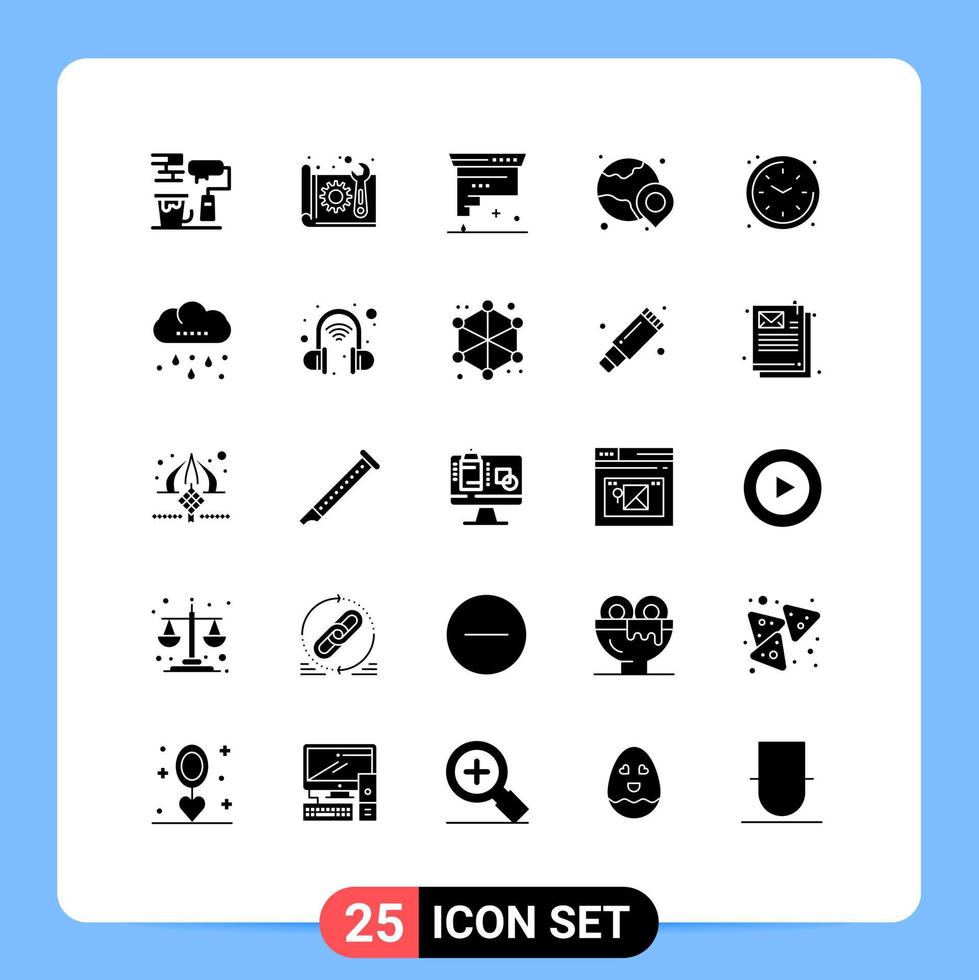 25 Universal Solid Glyphs Set for Web and Mobile Applications shopping globe plan world development Editable Vector Design Elements
