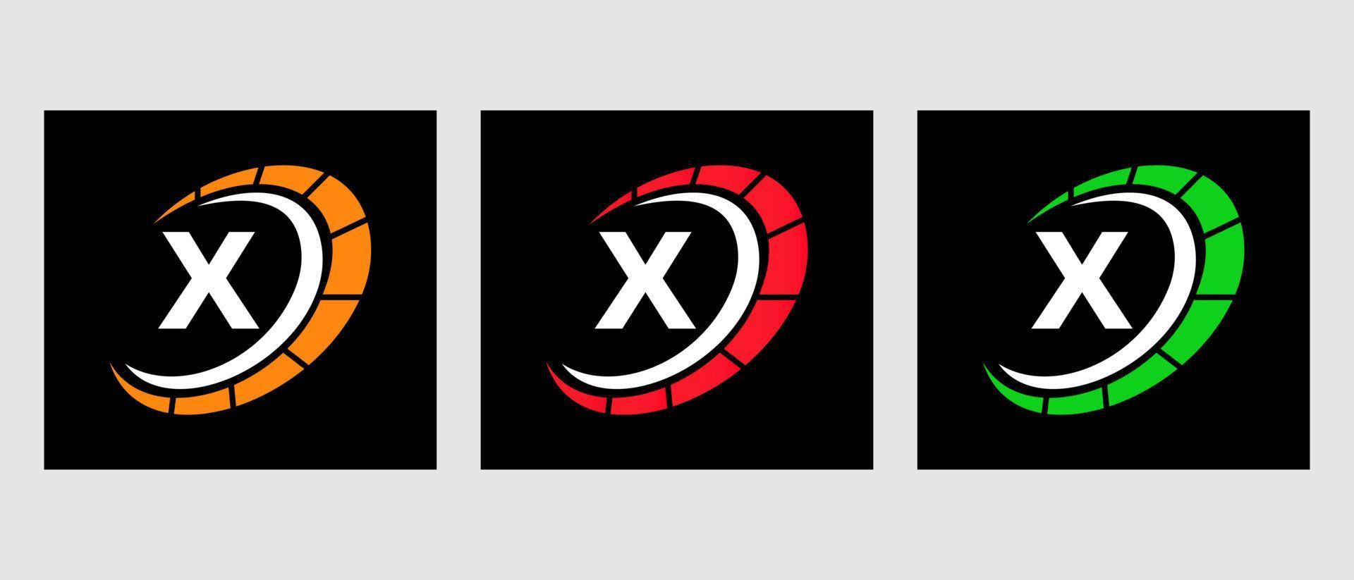 logotipo automotriz de la letra x para el servicio de automóviles, reparación de automóviles con símbolo de velocímetro vector