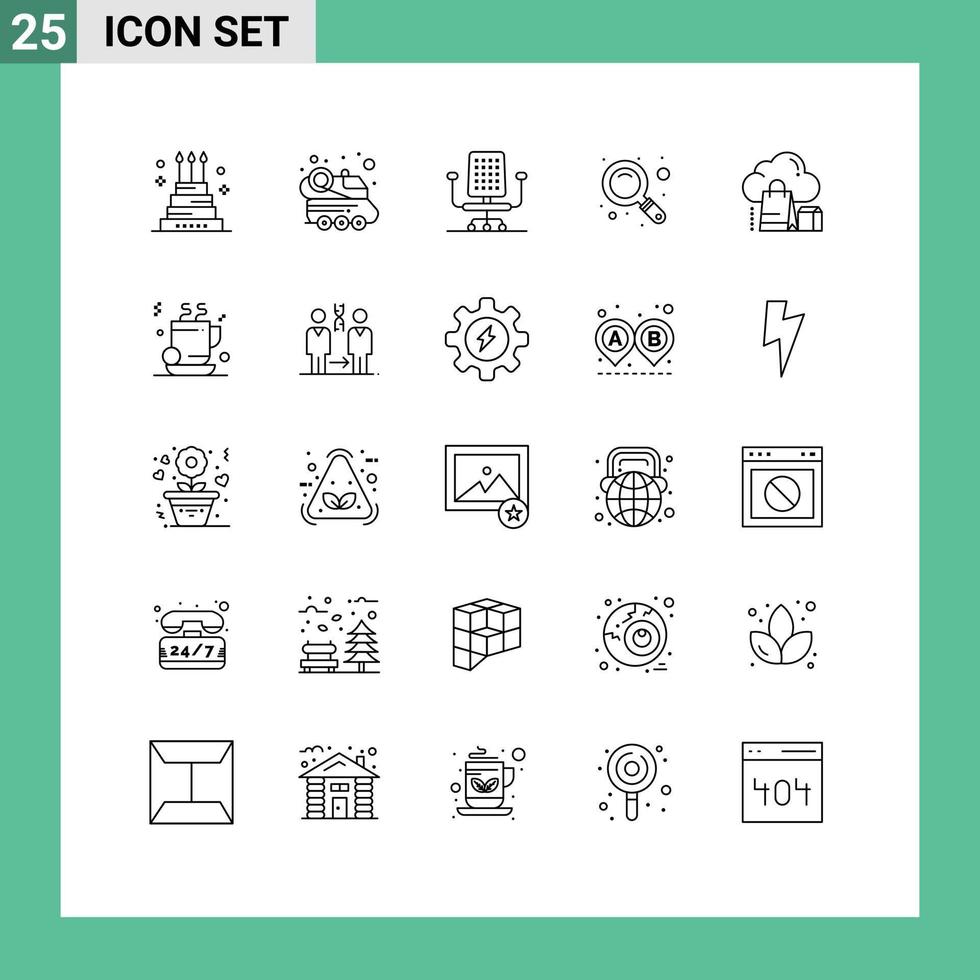 Group of 25 Modern Lines Set for gift cloud spacecraft zoom magnifier Editable Vector Design Elements