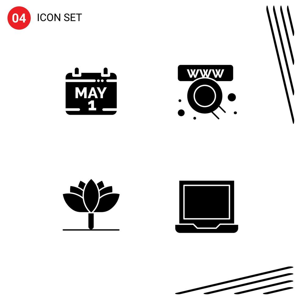 conjunto moderno de 4 glifos y símbolos sólidos, como el calendario, la hora de la flor de primavera, la tienda, los elementos de diseño vectorial editables por computadora vector