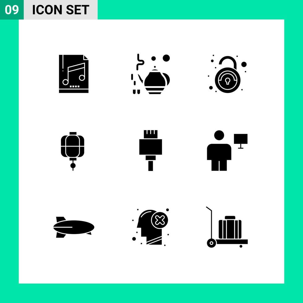9 Thematic Vector Solid Glyphs and Editable Symbols of electronic cable unlock decoration china Editable Vector Design Elements