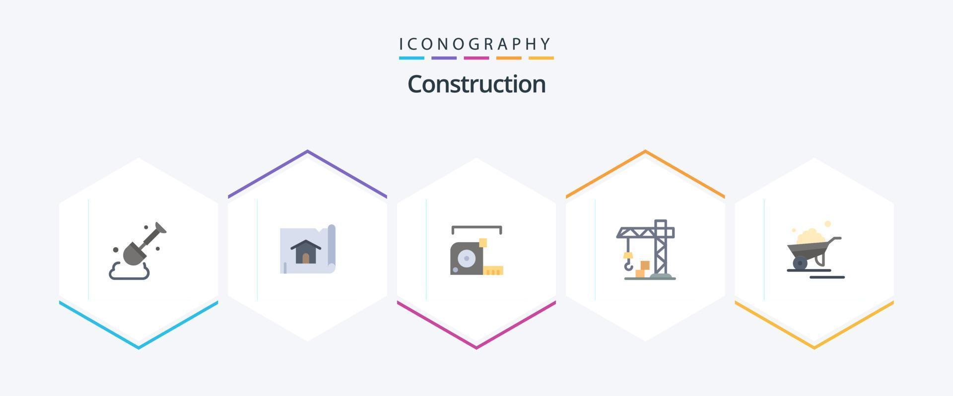 Construction 25 Flat icon pack including trolley. barrow. measurement. crane. architecture vector