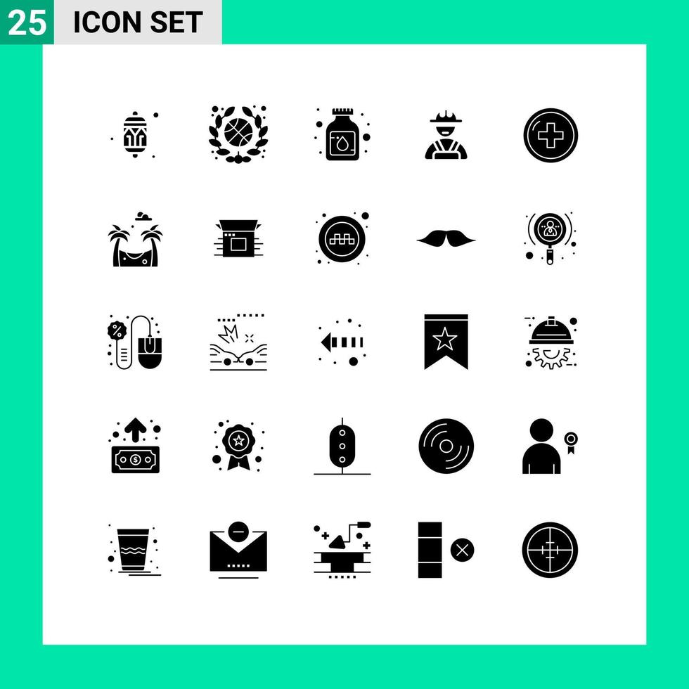 conjunto de 25 glifos sólidos vectoriales en cuadrícula para elementos de diseño vectorial editables del constructor de trabajadores de botellas de salud médica vector