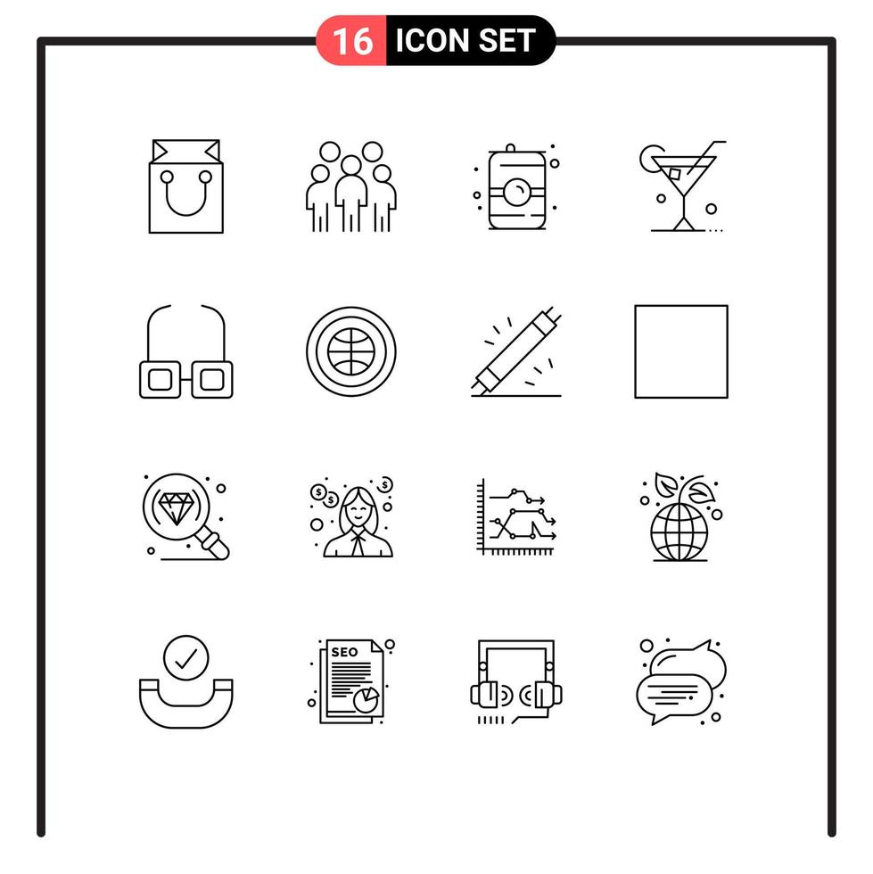 Pack of 16 Modern Outlines Signs and Symbols for Web Print Media such as glasses wine person drink water Editable Vector Design Elements
